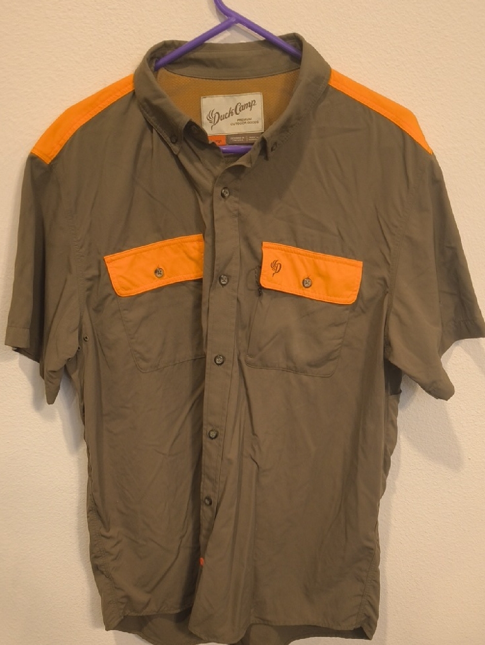 Duck Camp Men's Olive and Orange Short-Sleeve Button-Down Shirt Legacy XL